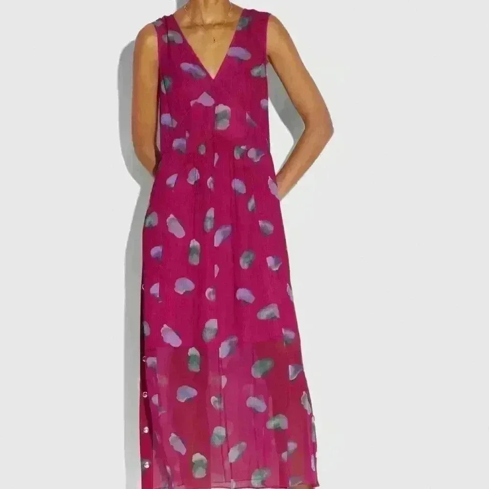 Coach Pansy Print Georgette Maxi Dress Magenta Size 4